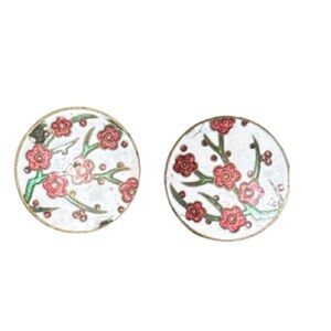 Cherry blossom enamel screw on vintage  Round Earrings